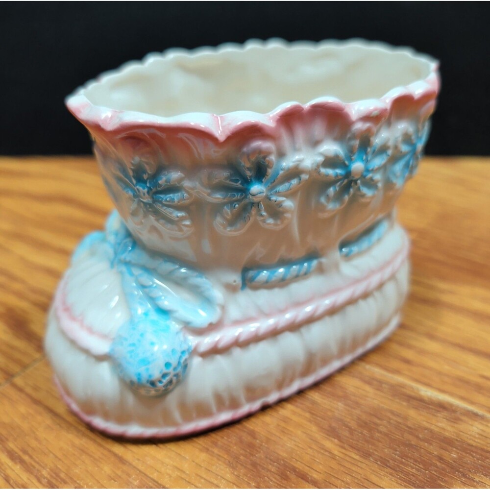 Vintage Relpo 6510 Ceramic Baby Shoe Bootie Planter Pink Blue Floral Keepsake